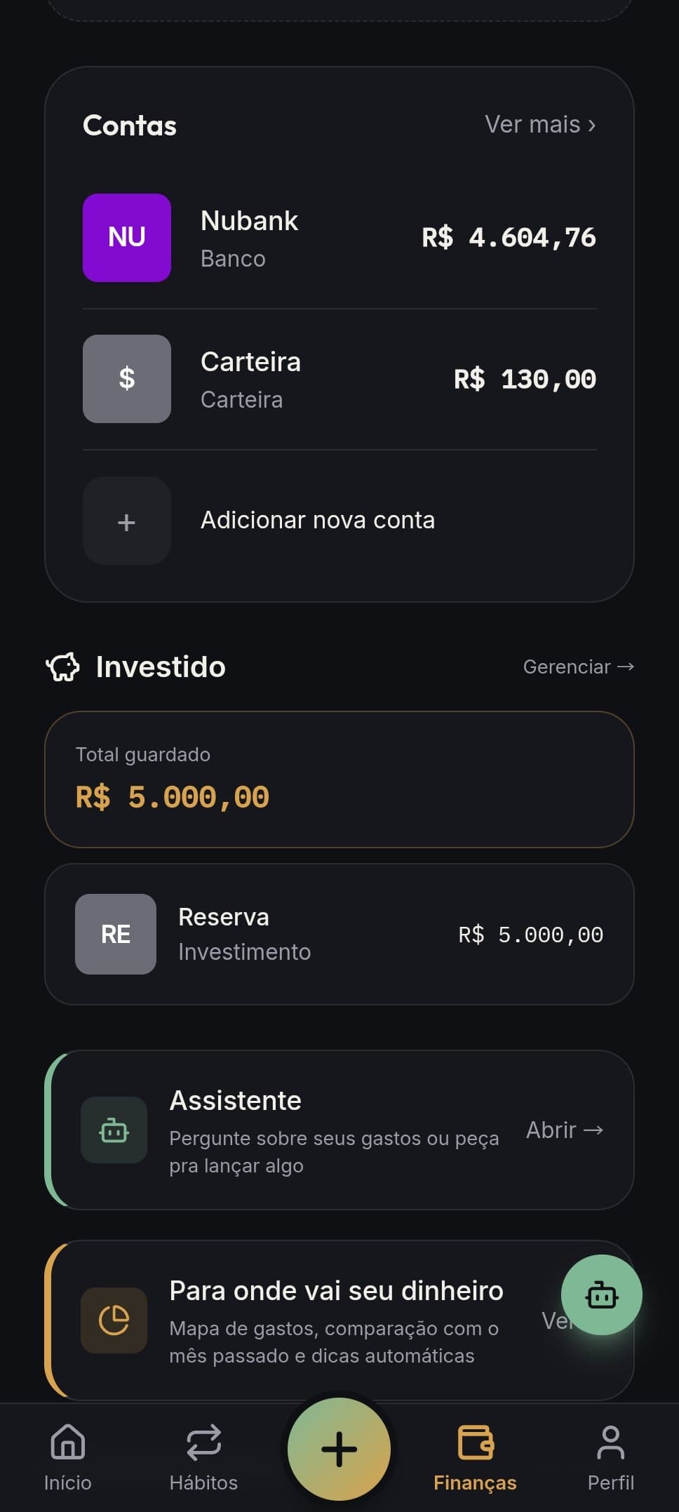Contas com saldo e total investido