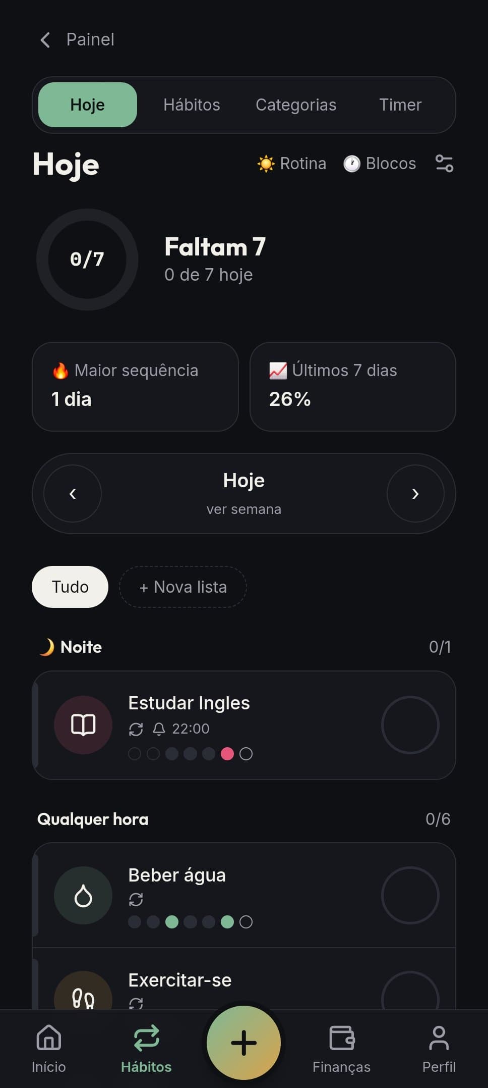 Tela Hoje com hábitos separados por período