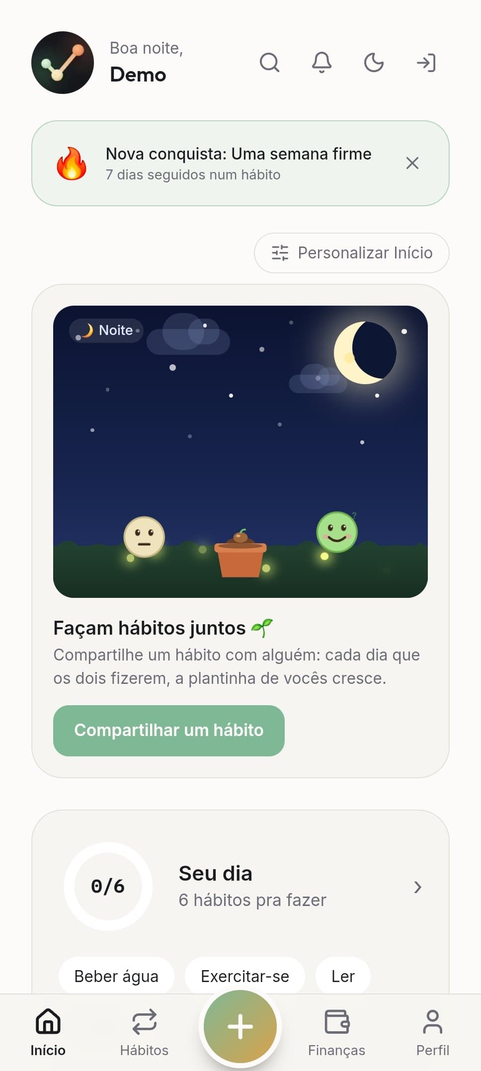 Tela inicial no tema claro