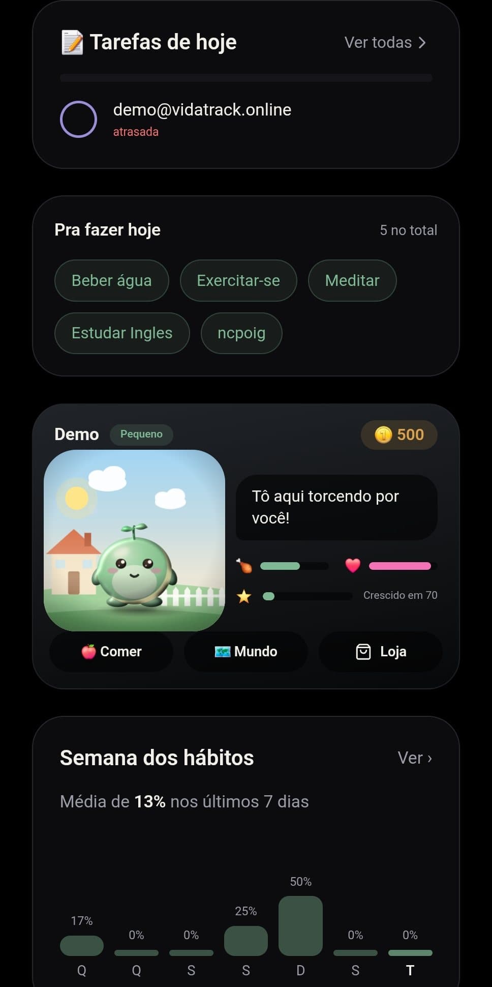 Início com tarefas, hábitos do dia e o mascote