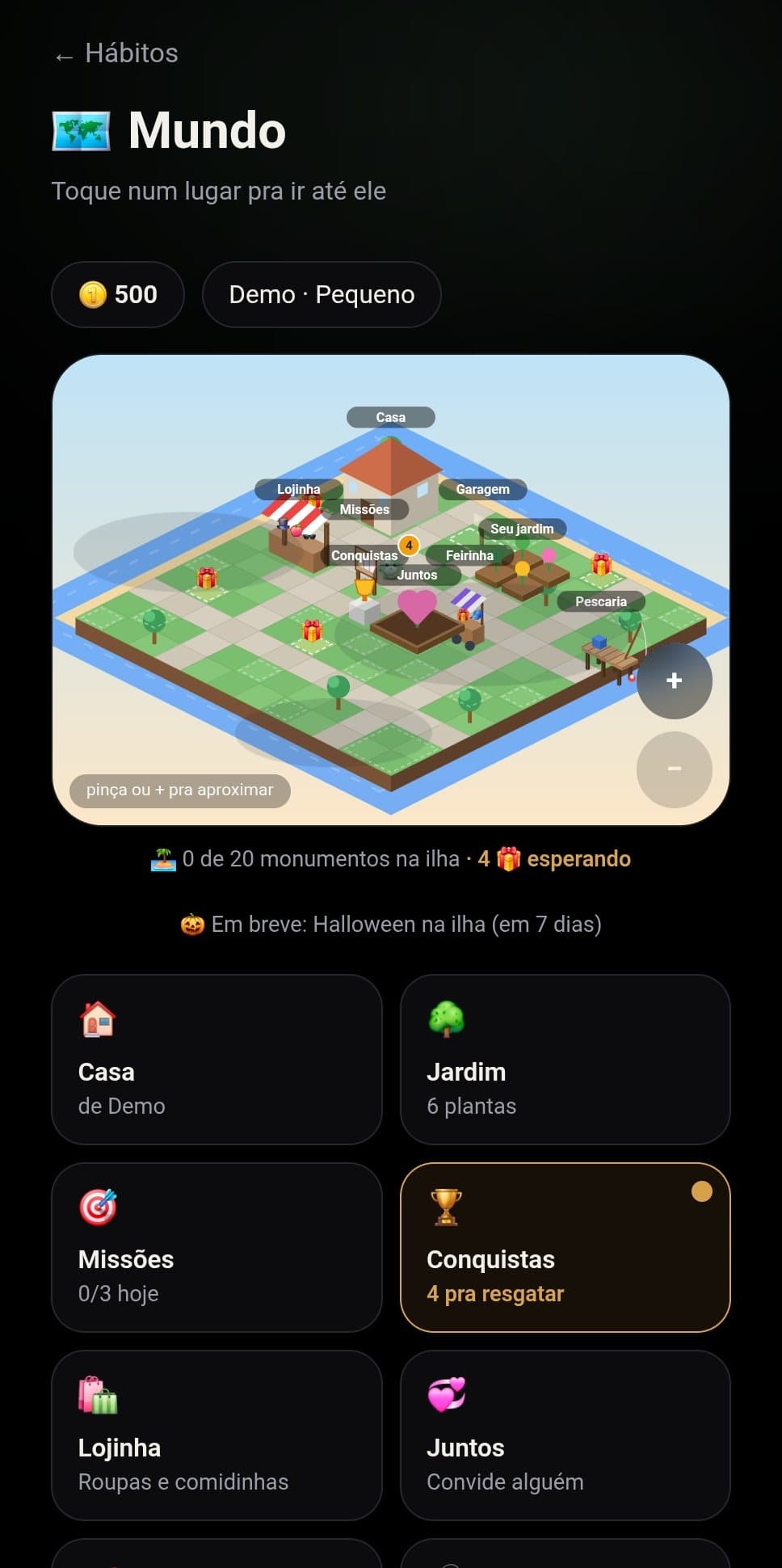 O Mundo: uma ilha com casa, jardim, lojinha, missões e conquistas
