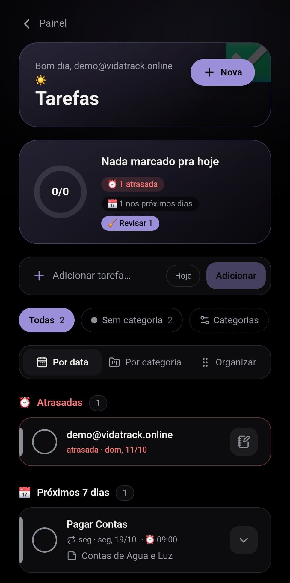 Lista de tarefas com atrasadas e próximos dias