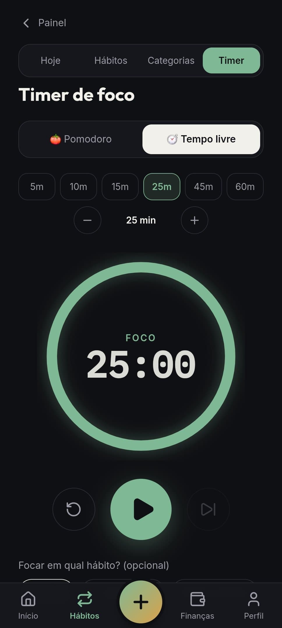 Timer de foco com Pomodoro e tempo livre